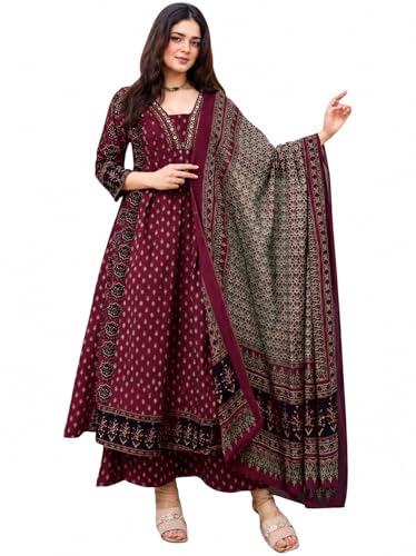 Image of ASSUME FAB Women's Blue Viscose Ajrakh Print Anarkali Kurta with Pant & Dupatta Set | Ethnic V-Neck Flared Salwar Suit for Wedding