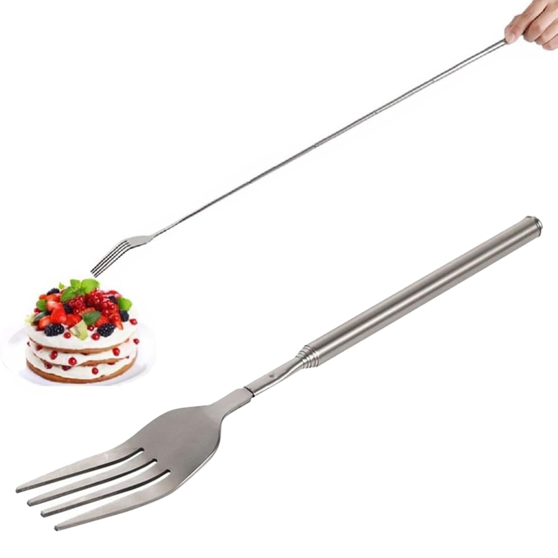 Forchetta telescopica, forchetta telescopica lunga, forchetta telescopica in acciaio inossidabile, forchetta estensibile con manico lungo, per barbecue, brindisi, cena, frutta, dessert, argento