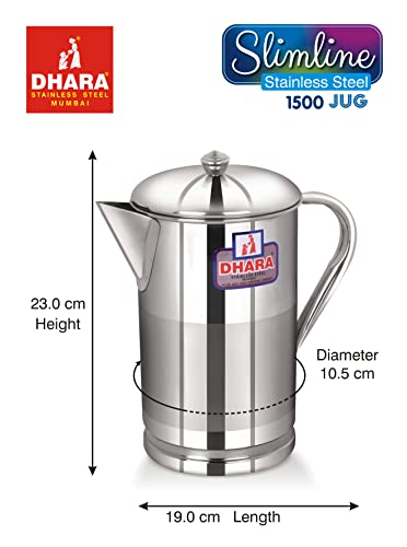 Image of Dhara Stainless Steel 1.5L Water Jug with Lid, Slim Steel Jug for Dining Table Water Serving, Leakproof, Rust Resistant Easy Pour Slimline Pitcher