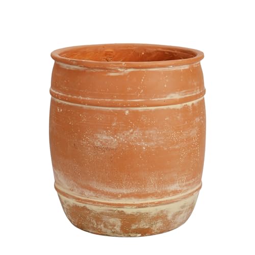 11'H x 9.5' Dia Aged Terracotta Clay Planter Pot with Drainage Hole, Rustic Farmhouse Style Flower Pot with Distressed Finish, Vintage Decorative Planter for Indoor Outdoor Garden, Patio, Porch