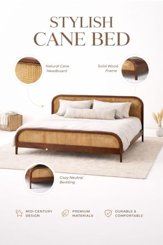 Image of Queen Size Wooden Bed | Modern Cane Headboard & Footboard | Low Height Double Bed for Bedroom Natural