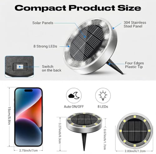 Image of XERGY Outdoor Mini Solar Powered Ground Lights, Flat Disc Light, IP68 Waterproof, Anti-Rust, Landscape Lighting for Pathway, Garden, Lawn Walkway, Driveway Cool White (Pack of 4)