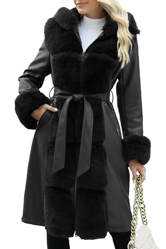 Bellivera Women's Wool Pea Coat Faux Fur Jacket Winter Warm Parka Overcoat with Belt