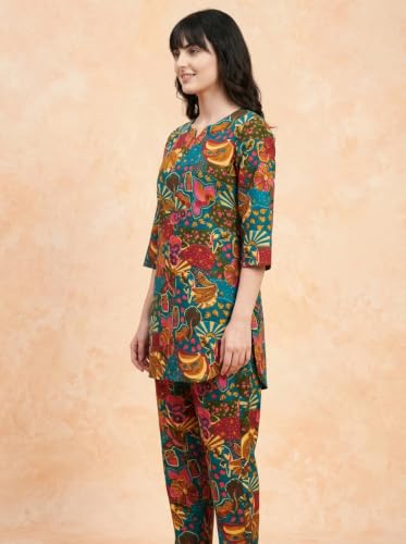 Image of Bee M Pee Designer Trendy Floral Printed Poly Rayon Cotton Kurta Coord Sets for Women | Stylish Casual Kurti Tunic Cord Set with Pant for Woman for Office