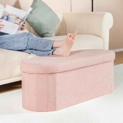 Image of B FSOBEIIALEO Ottoman with Storage for Living Room, Sherpa Folding Storage Ottoman Foot Rest, 43.3 Inches Collapsible Bedroom Bench Pink