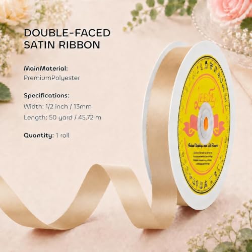 Image of Double Face Tan Satin Ribbon 1 /2 inch X 50 Yards Polyester Tan Ribbon for Gift Wrapping Very Suitable for Weddings Party Invitation Decorations and More