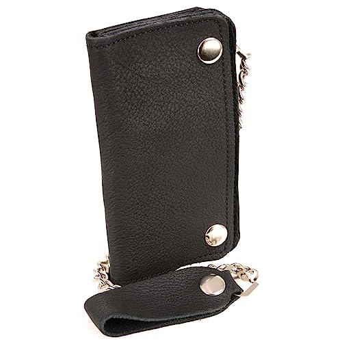 Milwaukee Leather MLW7883 Men's 6” Black Premium Leather Soft Biker Wallet - Bi-Fold Anti-Theft Stainless Steel Chain - One Size