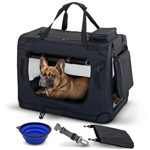 PET VIOLET Hundebox Hundetransportbox faltbar & robust für Auto & Reise – 62×42×44 cm – atmungsaktive Transportbox Transporttasche für Hunde & Katzen Stoffbox Tragetasche Schwarz