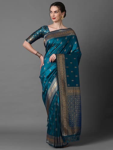 Image of AKHILAM Women's Banarasi Silk Blend Woven Design Golden zari Work Saree With Unstitched Blouse Piece (2PAKHI41 Parent)