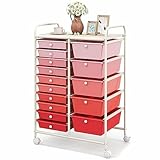 KOTEK 15-Drawer Rolling Storage Cart, Multipurpose Mobile Utility Cart with 4 Wheels, Home Office School Tools Scrapbook Paper Organizer (Pink)