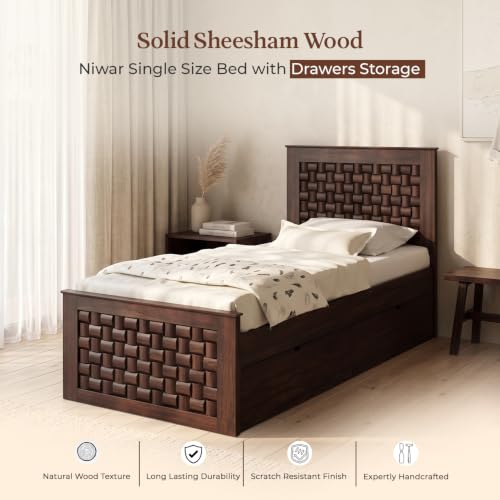 Image of WOODLAB Furniture Sheesham Wood Single Size Bed with Drawer Storage and Niwar Style Headboard | Wooden Single Cot Bed Palang for Home Living Room Bedroom and Hotel (Walnut Finish)