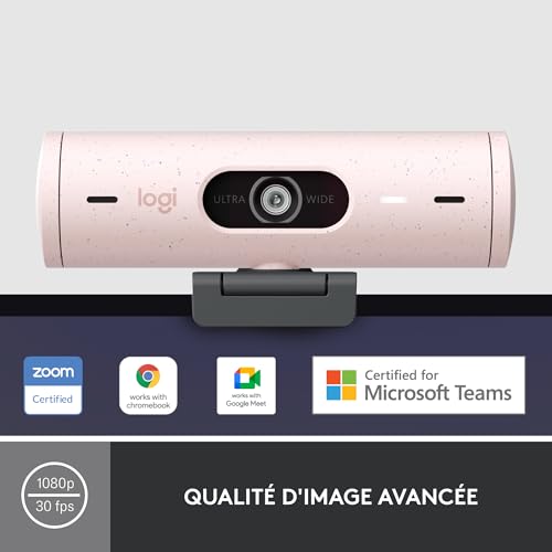 Logitech Brio 500 Webcam Streaming HD avec Expo Auto, Mode ’Show’, Deux Micros à Réduction de Bruit, Clapet Webcam Confidentiel, Compatible Microsoft Teams, Google Meet, Zoom, Câble USB-C - Rose