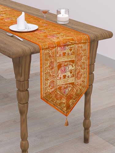 Image of Banarasi Brocade Zari Silk Table Runner Dinning & Centre Table Runner 177 By 30 CM (Mustard Yellow, Elephant)