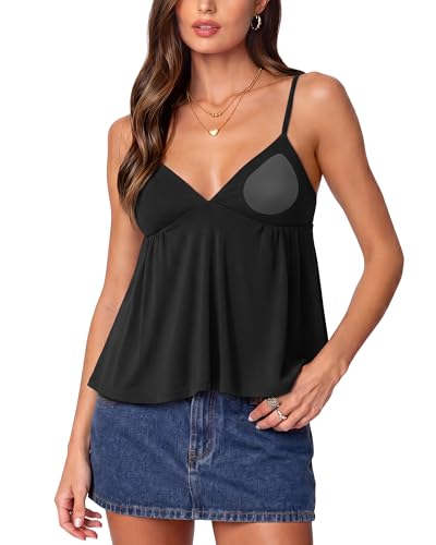 SUUKSESS Women V Neck Babydoll Tank Tops with Built in Bra Summer Cute Peplum Cami Going Out Tops(Black M)