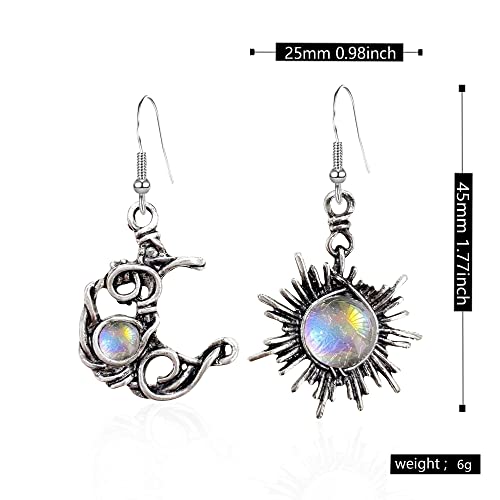 Vintage Boho Opal Sun and Moon Drop Dangle Earrings Moonstone Natural Stone Hook Bohemian for Women Asymmetrical Antiqued Silver Celestial Jewelry4