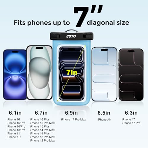Image of JOTO Universal Waterproof Pouch Case for iPhone 16 15 14 13 Plus Pro Max, IPX8 Cellphone Dry Bag 12 11 Pro Max XR X 8 7 6S Plus SE, Galaxy S23 S22 S21 S20+ S20 S10 Plus Note, Pixel up to 7 inch -Blue