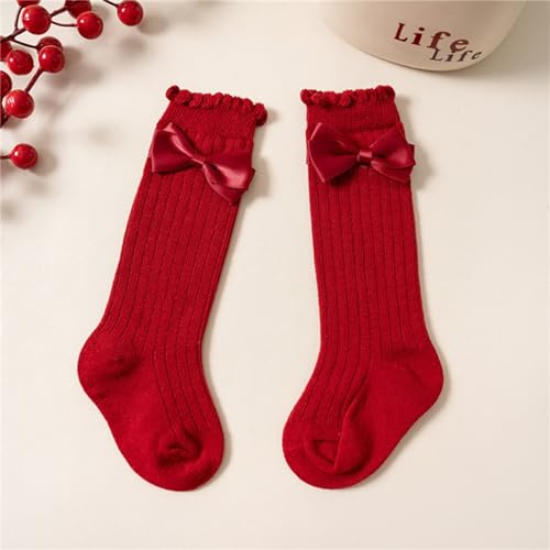 Toddler Girl's Christmas Knee High Socks, Ribbed Bowknot Rhinestone Pearl Decoration Anti-Slip Calf Socks2
