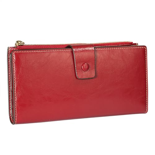 Image of Itslife Womens RFID Blocking Large Capacity Luxury Wax Genuine Leather Wallet Clutch Ladies Card Holder, Red