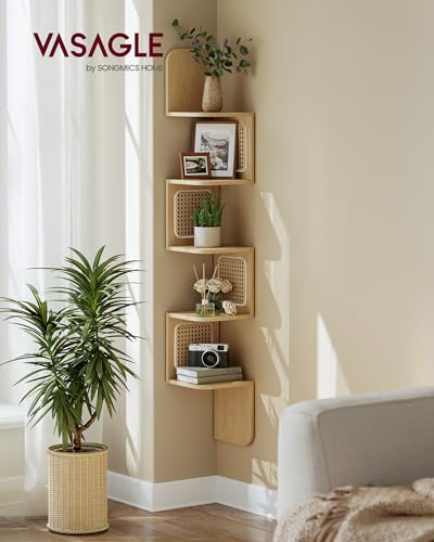 VASAGLE 5-Tier Corner Shelf, Wall Mounted Floating Shelf, Zigzag Corner Shelf Unit, PVC Rattan Sides, Space-Saving, for Kitchen, Living Room, Bedroom, Boho Style, Oak Beige ULLS582YC01S - Image 3