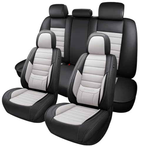 Image of MINGBRON Car Seat Covers Full Set,Black White Car Seat Cover, Car Seat Protector Waterproof, Nappa Leather Car Seat Cushion, Fit for Most Cars