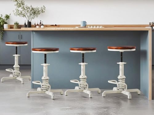 Topower Industrial Vintage Farm Wooden Seat Tractor Stool Swivel Height Adjustable 20.4"-24.4" Kitchen Counter Stool Antique White Set of 4
