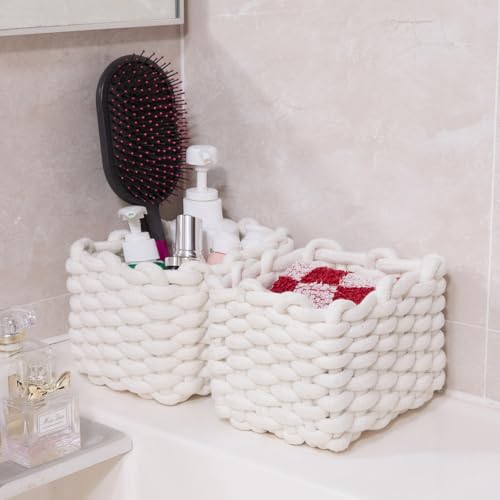Aufbewahrungskorb Baumwolle 2er Set Geflochten Strickkorb, Badezimmer Organizer Wickeltisch Organizer Dekorative Quadratische Speicher Regalkörbe Für Schminke Socken Spielzeug (Weiß)