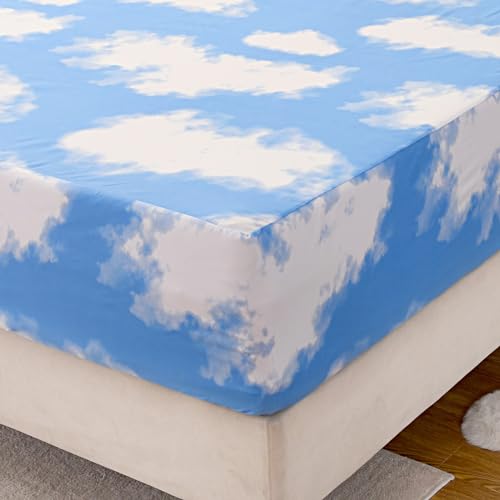 Image of Bedding Fitted Sheet with Deep Pocket for Single Bed Mattress Cover Sheets,White Cloud Printed Fabric Bed Sheets (Blue Sky, Twin)