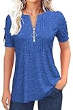 Picture of Women's Zipper Summer Pleated Button Short Sleeve T-Shirt Summer V-Neck Solid Color Casual top