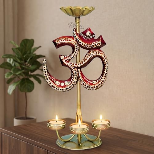 Image of OM Tea Light Holder Metal Candle Stand, Antique Brass Finish