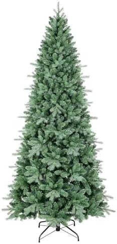 7 FT Artificial Skinny Christmas Tree,Unlit Blue Spruce Slim Pencil Xmas Tree with 1552 PE&PVC Mixed Branch Tips,Hinged Pine Tree with Metal Stand for Home Office Décor