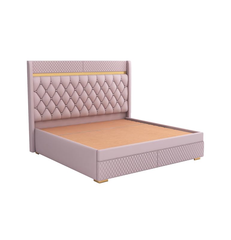 Image of MAMTA DECORATION Solid Wood Queen Size Bed with Hydraulic Box Storage | Premium Velvet Upholstered Tufted Headboard Double Bed |Wooden Cot Bed for Bedroom, Home, Hotel & Guest Room|Light Purple Finish