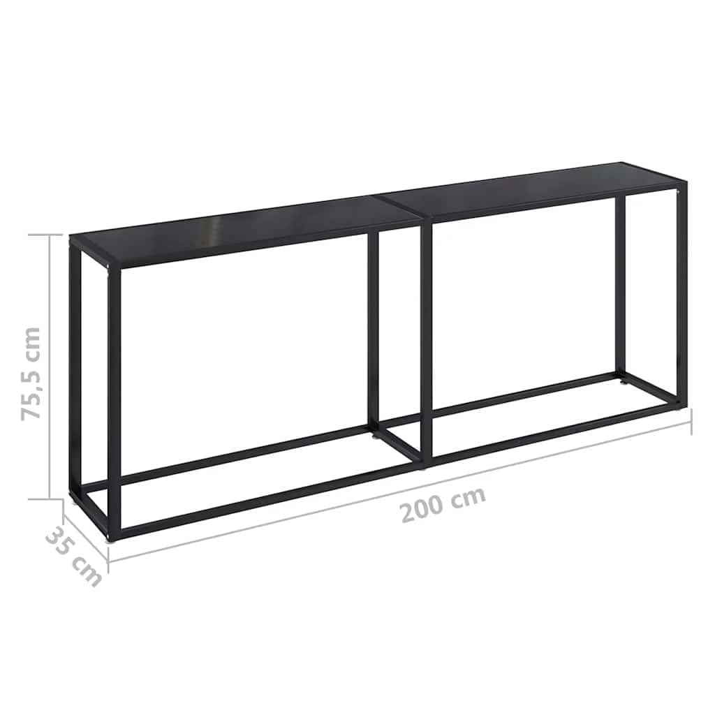 Tavolo consolle nero, 200 x 35 x 75,5 cm, in vetro, tavolo da corridoio | Tavolino sottile in vetro di sicurezza e metallo per corridoio e soggiorno, robusto e antiribaltamento.