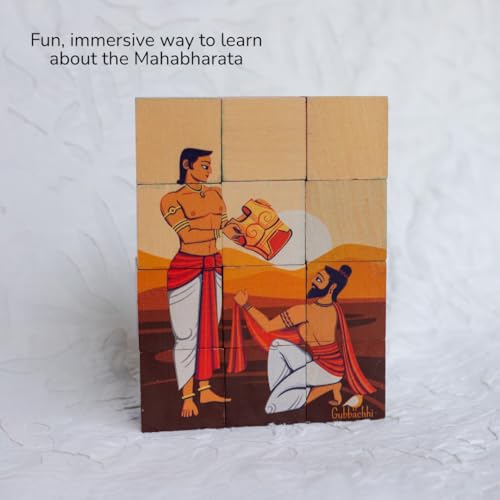 Image of 3D Wooden Toys for Kids 3-8 Yrs | 6 Puzzles in 1 Toy + 30 Activities | 12 Natual Wooden Puzzles for Kids with Activity Book | Indian Folk Art Wooden Blocks | Mahabharata Theme