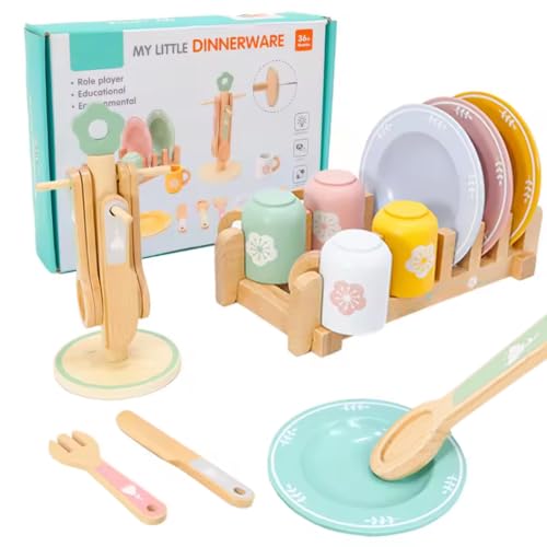 Vajilla de madera de juguete con escurridor de diseño nórdico para habitación infantil