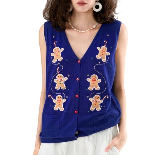 Image of KMBANGI Women Christmas Button Sweater Vest Embroidery Sleeveless Cardigan