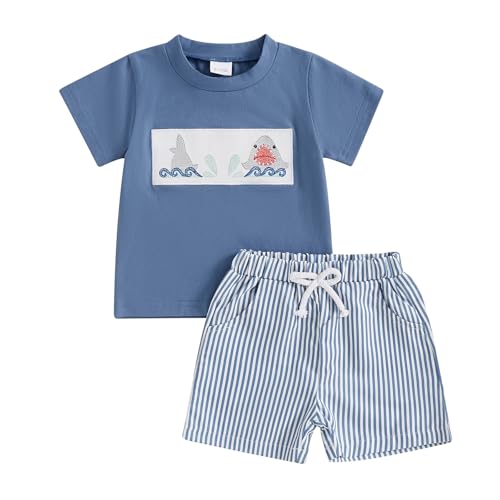 Image of PUHHAPIEY Toddler Baby Boy Clothes Summer Outfits Embroidery Trucks Smocked Shirt T-Shirt + Gingham Shorts 1T 2T 3T
