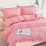 ZSYAYAHA Full Size Ruffled Duvet Cover Set Pink Bedding Cover Sets for Girls 3 Pieces Vintage Country Kids Duvet Cover Sets with Ruffle Layers Decor(Pink, Full)