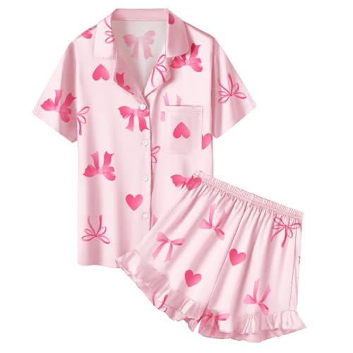 QZH.DUAO Girls Satin Pajamas Set Button Down Silk 2 Piece Pj Sets Ruffle Short Sleeve Sleepwear