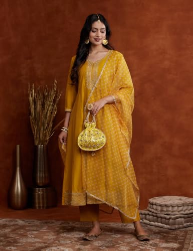 Image of Amazon Brand - Myx Women's Embroidered Anarkali Kurta Pant Set with Organza Dupatta | A-line fit (Available in Plus Sizes)