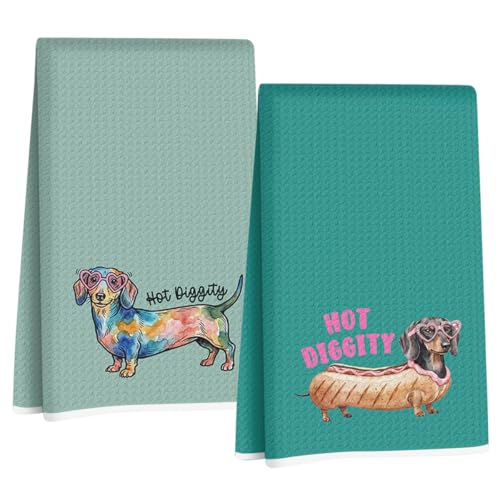 Image of Hanamiya Na 2 Pcs Funny Dachshund Kitchen Towels 24x14 Inch, Dachshund Gifts Reusable Dish Towels for Kitchen Decor, Waffle Weave Absorbent Tea Towel, Cute Weiner Dog Gifts for Women Mom Friend