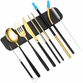 XINYUWIN Portable Travel Utensils Flatware Set 8 Pieces Portable & Reusable Stainless Steel Cutlery Include Fork Knife Spoon Chopsticks Straws Toothpick Cleaning Brush Safe with Case(Black Golden)