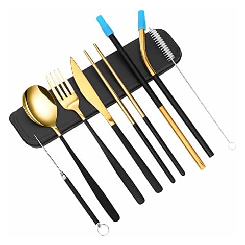 XINYUWIN Portable Travel Utensils Flatware Set 8 Pieces Portable & Reusable Stainless Steel Cutlery Include Fork Knife Spoon Chopsticks Straws Toothpick Cleaning Brush Safe with Case(Black Golden) Cover