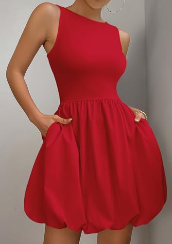 Image of PRETTYGARDEN Summer Dresses for Women 2026 Casual Mini Short Cocktail Dress Sleeveless Tank Crew Neck Bubble Sundress Pockets
