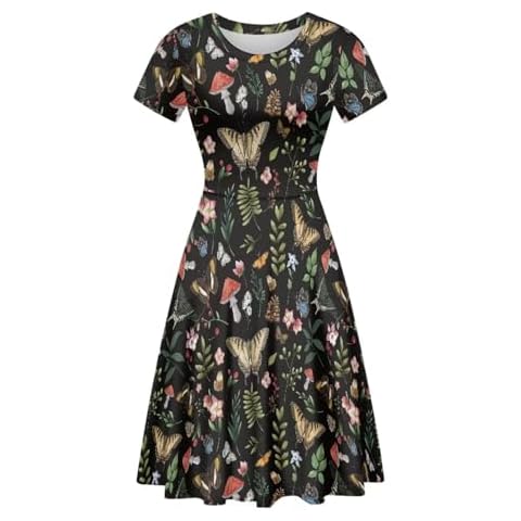 POLERO Retro Butterfly Mushroom Dress for Women Short Sleeve Midi Homecoming Dress Swing Skater Dress Casual Going Out Party Ms Frizzle Dresses Size 3XL Cover