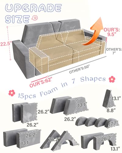 Image of YEFU 15pcs Modular Kids Play Couch,1000+ Imagination Creative Play | for kids ages 1+,7 shapes,countless configurations,30D high-density foam,fort building,washable cover, playroom,birthday gift