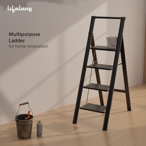 Image of Lifelong 4 Steps Steel Ladder with Handle for Home, Foldable & Portable Stairs, Versatile Use for Kitchen, Bathroom & Office Foot Stool - Multipurpose Step Stool with 150 Kg Capacity (LLSLH04, Black)