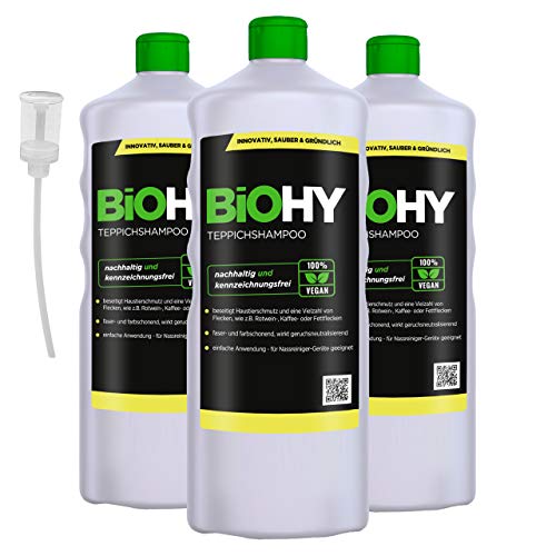BiOHY Alfombra - Champú (3 botellas de 1 litro) + Dosificador | Limpiador de alfombras ideal para eliminar manchas difíciles | ESPECIAL DESARROLLADO PARA LAVAR LIMPIADORES DE VACÍO (Teppichshampoo)