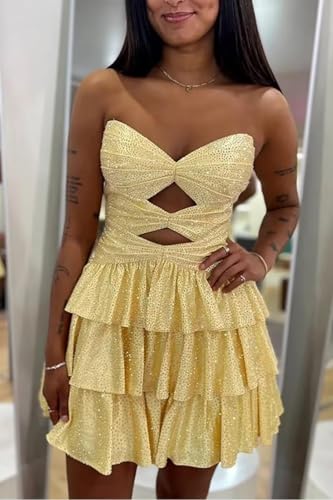 Beaded Sequin Strapless Homecoming Dresses 2025 Tiered Cut Out Short Cocktail Party Dress for Teens Sparkly4