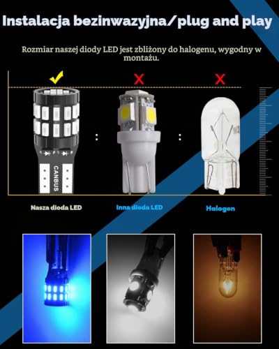 KATUR Żarówka LED 194 T10 W5W 168, super jasna niebieska, 30-SMD 3014 chipy, 12-24V CANBUS, bezbłędne żarówki LED, zamiennik do oświetlenia kopuły samochodu, mapy, drzwi, courtesy, tablicy
