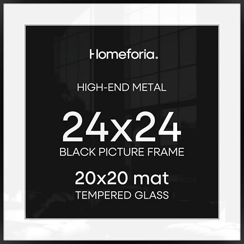 Image of Homeforia 24x24 Picture Frame Black, High End Metal 24 x 24 Large Square Poster Frame Matted to 20 x 20 in Photo, 24by24 Thin Black Frames with Mat 20x20 inch Print, Tempered Glass, Wall Kit, Set of 1